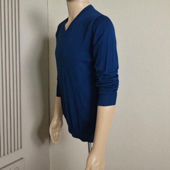 NWOT JOHN HENRIC (MED) Sweden 100 Merino V-Neck Navy Marl Pattern Sweater - Picture 6 of 9
